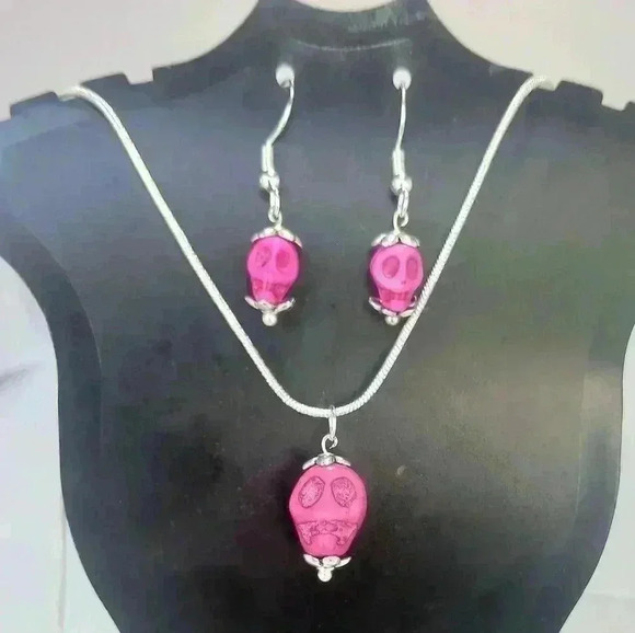 Skull Flowers and Pink Howlite Turquoise Skull Earrings and Necklace Set - Picture 2 of 5